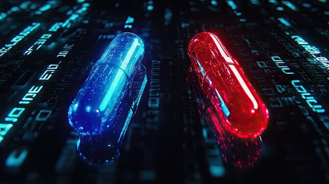 red pill and blue pill, matrix movie style scene, slightly transparent pills kind of neon glowing, dark ambience, 4k