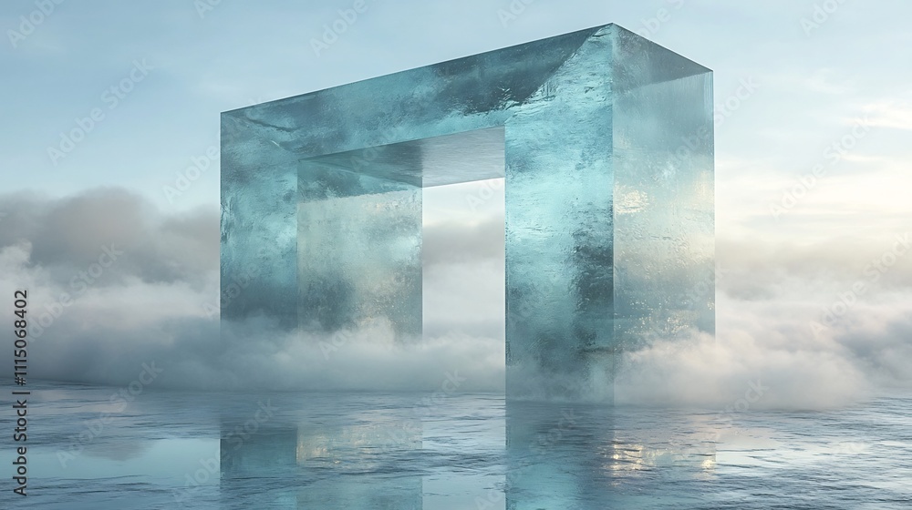Poster a conceptual image of a modern smooth and cleanly designed glass key surrounded by a misty ethereal 