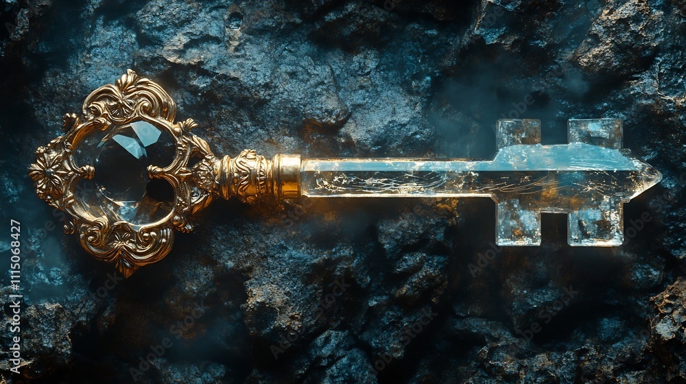 Poster conceptual photograph of a fragile glass key with decorative engravings suspended above a textured b