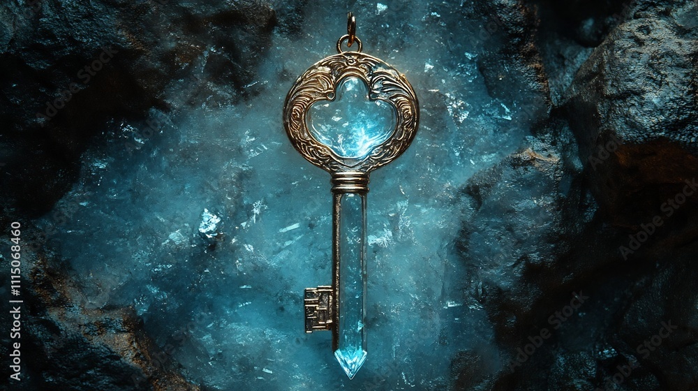 Poster Conceptual image of a fragile glass key with intricate decorative engravings suspended above a textured background that emphasizes the play of light and shadow