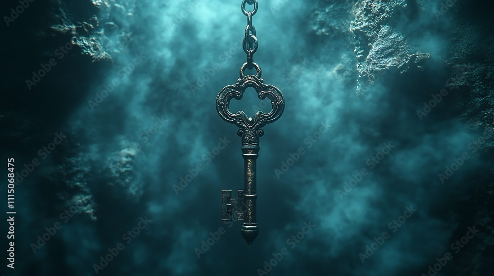Poster conceptual image of a delicate glass key with ornate engraved details levitating above a textured ba