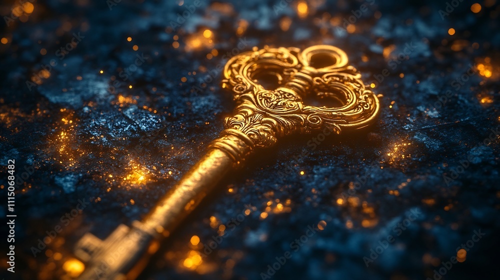 Poster conceptual image of an ornate golden key with intricate engravings shimmering under soft lighting an
