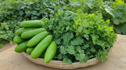 Fresh Cucumbers and Cilantro in Woven Basket on Green Background