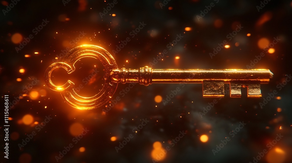Poster elegant and minimalist golden key with sleek lines gleaming under ambient lighting and surrounded by