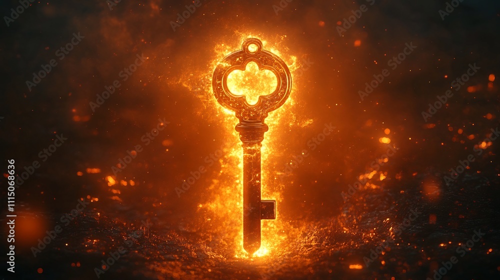 Poster a conceptual image of an elegant gold key with minimalist lines gleaming under ambient lighting and 