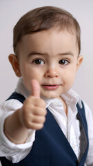 Cute baby boy smiling and giving thumbs up in formal attire