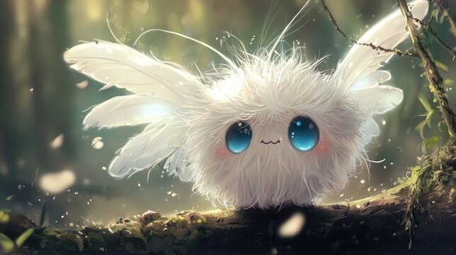 small fantasy white creature like just a fuzzball with mouth hidden by hairs or feathers, full hairs, with big white wings , big blue innocent eyes, cute, kawa&Atilde;&macr; --no legs and beak, it's not a bird