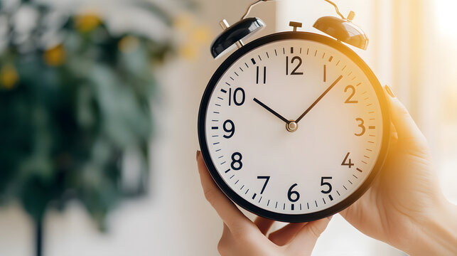 person adjusts classic alarm clock in bright setting