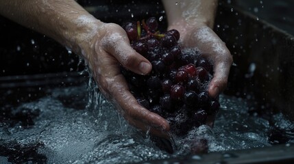 Fototapeta premium Fresh Grapes Being Washed in Water With Bubbles and Hands