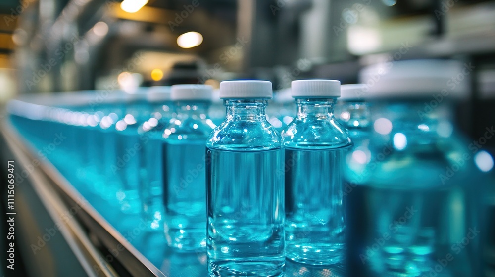 Poster bottles filled with liquid move along conveyor belt in factory, automated production line processes.