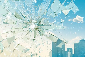 Fototapeta premium Shattered glass with urban skyline in the background, showcasing a dramatic breakage effect against a blue sky with clouds and architectural structures.