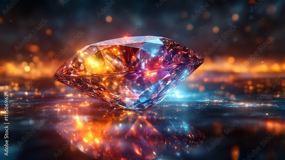 Poster conceptual image of a sparkling diamond with flawless clarity reflecting vibrant light rays on a dar