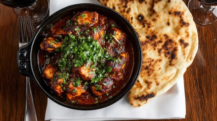 Deliciously Spiced Chicken Curry with Flatbread on a Table
