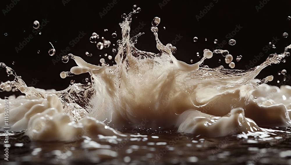 Poster liquid explodes in dramatic splash: abstract art of creamy substance in motion, visualizing flow dyn