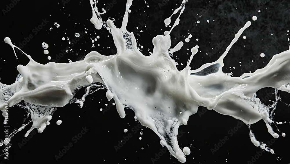 Poster liquid explodes in motion: abstract white fluid splashes dynamically against black background, creat