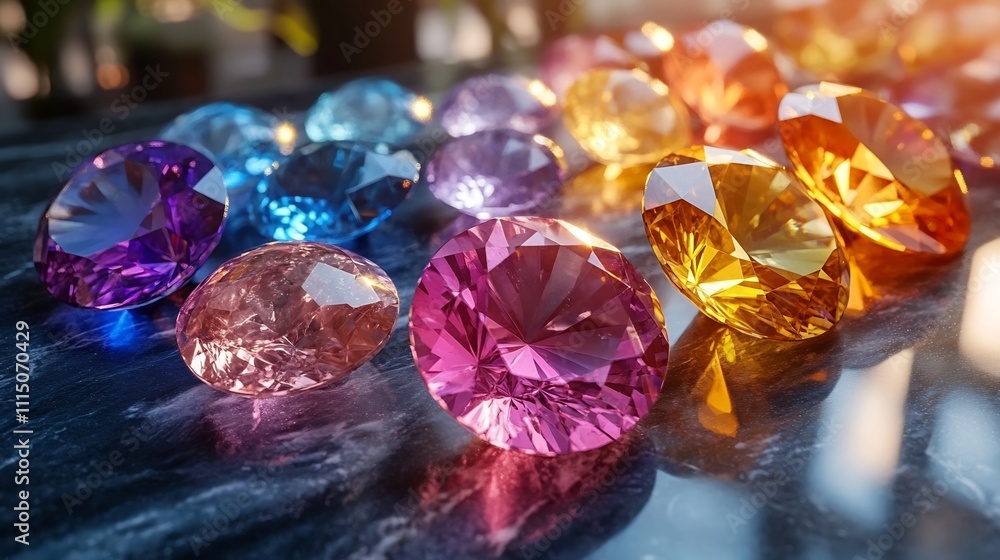 Poster Captivating display of various gemstones crystals and minerals in an array of vibrant colors and cuts beautifully arranged on a smooth reflective marble surface with a soft glowing ambiance