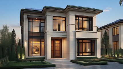 Fototapeta premium Modern Three Story House With Solar Panels And Landscaping