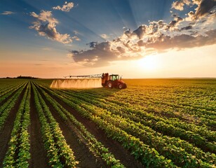 Obraz premium Tractor spraying soybean field in sunset