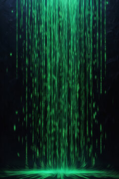 Futuristic Digital Artwork Featuring a Neon Green Binary Cascade on a Black Background