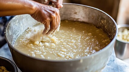 Fototapeta premium Hands Mixing Traditional Cuisine in Large Bowl of Cooked Dough