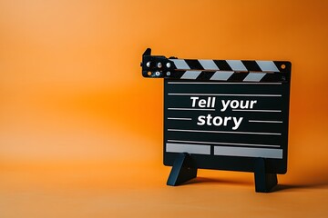 Vintage Film Clapperboard with "Take Your Story" Text on Orange Background, Concept of Storytelling