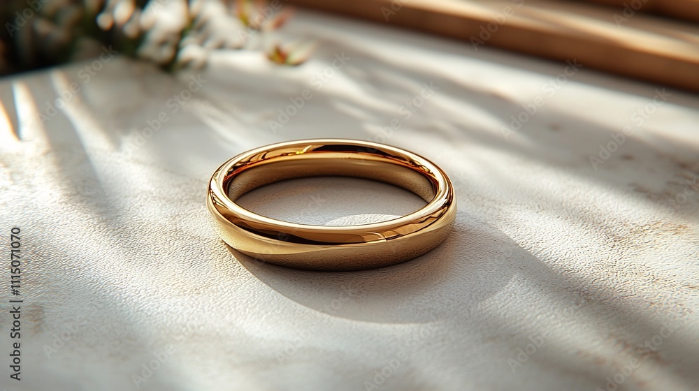 Poster elegant and minimalist gold ring with a sleek finish displayed on a textured background with soft su
