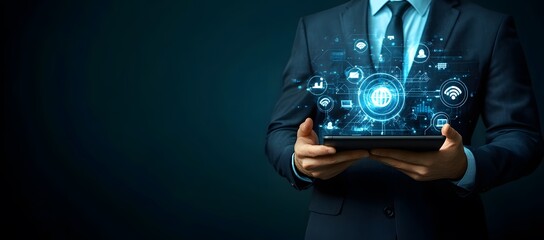 Interactive Digital Dashboard with Floating Icons, Concept of Data Analytics and Technology