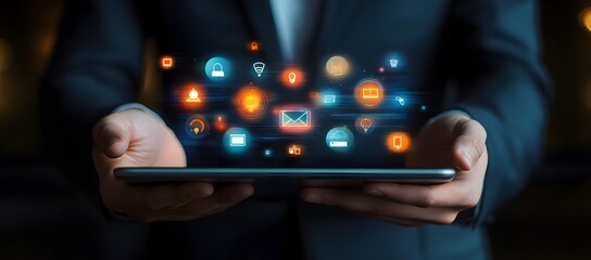 Interactive Digital Dashboard with Floating Icons, Concept of Data Analytics and Technology