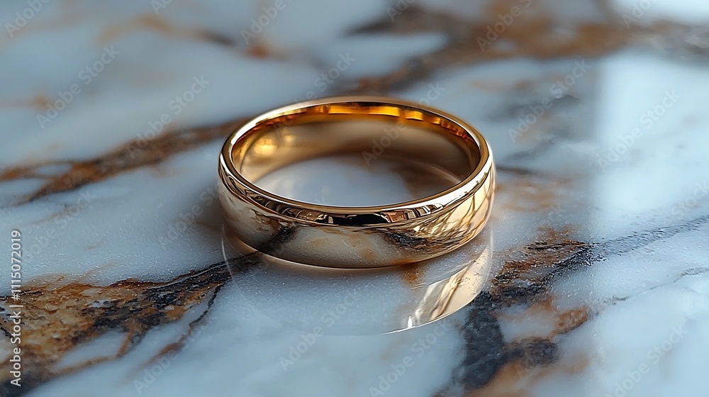 Poster closeup view of a modern streamlined gold ring placed on a smooth marble surface with subtle dramati
