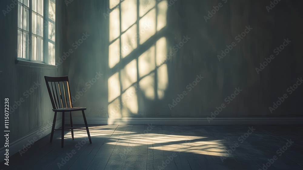 Poster a 4k photo of an empty room with a single chair placed near the corner. light streams in, casting su