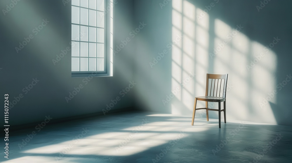 Poster a 4k photo of an empty room with a single chair placed near the corner. light streams in, casting su