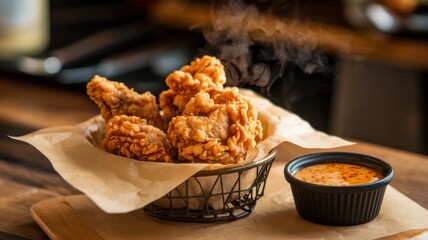 A basket of hot, crispy fried chicken with a side of dipping sauce.