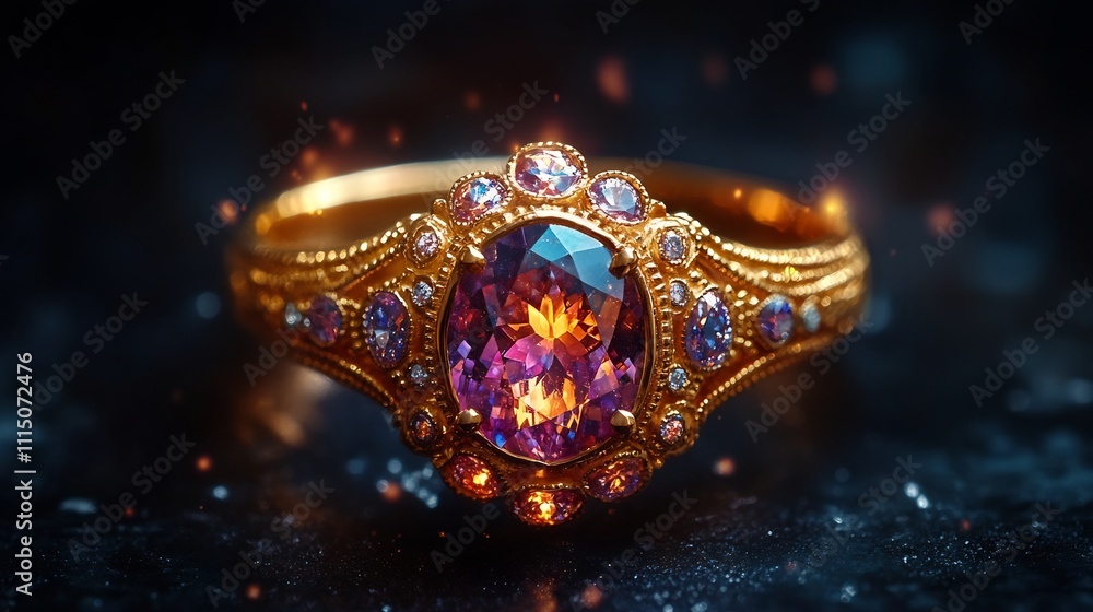 Poster elegant gold ring with a large gleaming gemstone centerpiece set against a rich dark background with