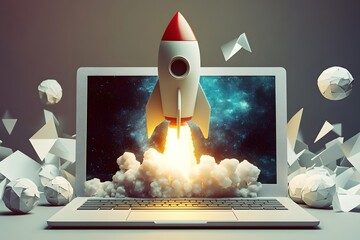 Rocket Launching from Laptop Screen Symbolizing Startup Success and Digital Innovation