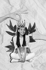 Collage photo of popular celebrity girl casual outfit sit relax chilling wear princess crown queen...