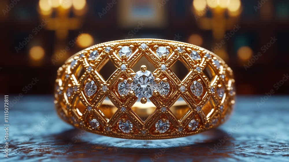 Poster captivating photograph showcasing a glamorous gold ring with an intricately designed lattice pattern