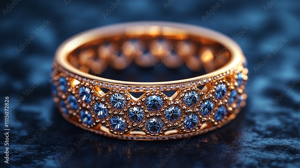 Poster exquisite and luxurious gold ring featuring an intricate lattice design set against a deep royal ton