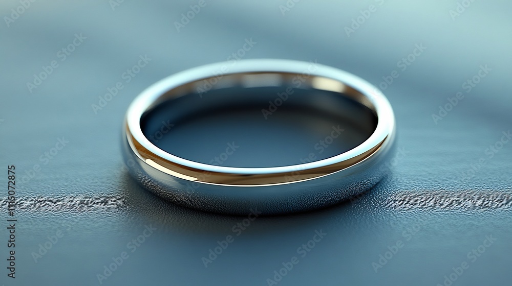 Poster close up photograph of a thin metallic silver ring with a smooth and minimalistic surface design set