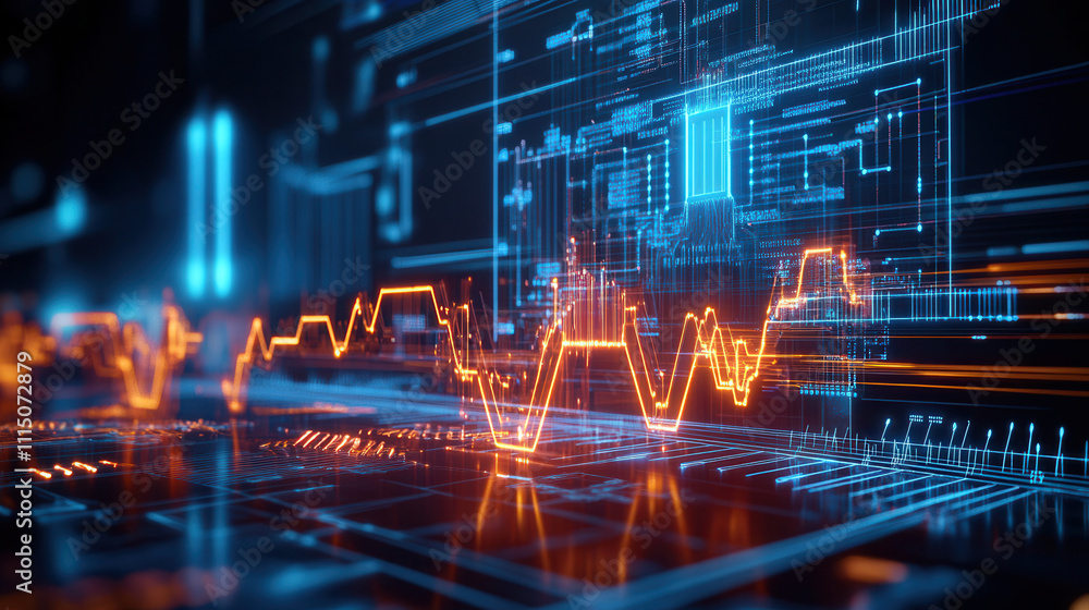 Aufkleber futuristic digital interface visualizing energy flow and grid data with glowing lines