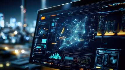 Obraz premium futuristic digital interface displays energy flow, grid data, and analytics in cityscape