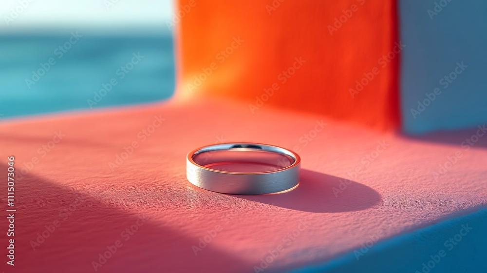 Poster elegant and modern minimal silver ring with a subtle matte finish displayed on a soft pastel backgro