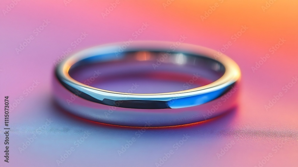 Poster close up photograph of a minimalist silver ring with a subtle matte finish displayed on a soft paste