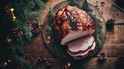 top-down photo of a holiday ham, half in slices, wooden table, instagram post