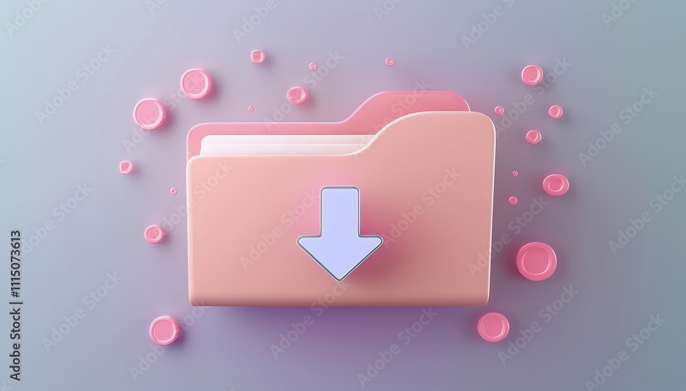 Poster a stylized folder icon with a downward arrow, surrounded by bubble-like shapes, symbolizing digital 
