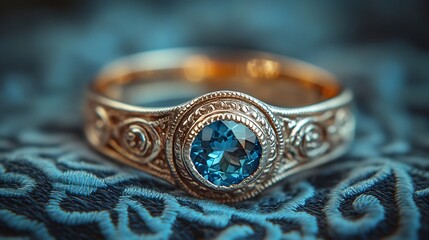 Naklejka premium Vintage inspired silver ring with a round gemstone and engraved band positioned delicately on an old fashioned lace cloth