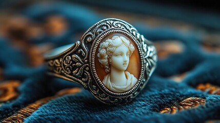 Exquisite antique silver ring with a classic cameo and ornate band placed on a rich velvet surface for an elegant vintage inspired style  The intricate design and premium materials create a accessory