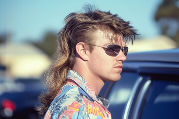 Stylish mullet man in sunglasses, retro vibe outdoors in sunny weather