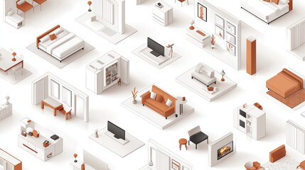 3D isometric apartment rooms in warm hues to create a cozy and inviting atmosphere.