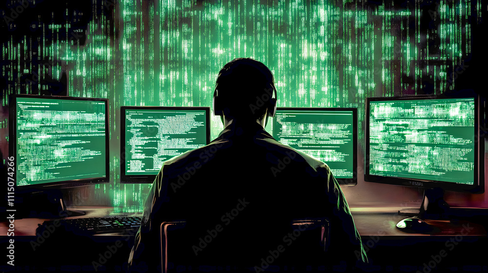 Poster silhouette of a hacker working in a dark room surrounded by multiple computer screens and digital co