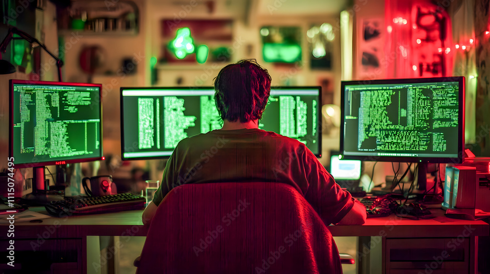 Aufkleber a focused individual engaging with multiple monitors displaying green code in a dimly lit room fille